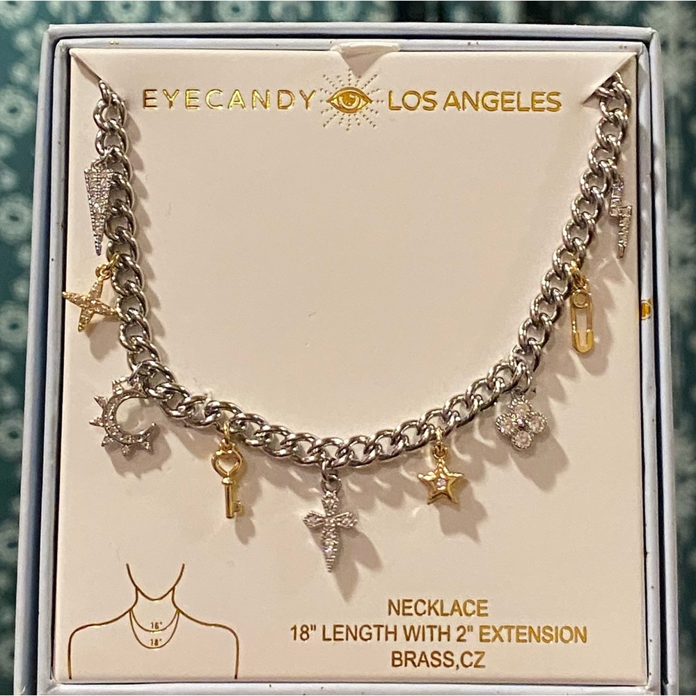 Eye Candy Los Angeles Silver Chain Necklace Hold Charms Star Cross Moon Lock NWT - Picture 1 of 6